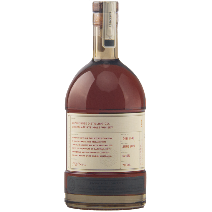 Archie Rose Chocolate Rye Malt Whisky 700ml is a limited edition Australian whisky with a cream label, red text, wax-sealed neck, and amber-brown spirit visible inside the bottle.