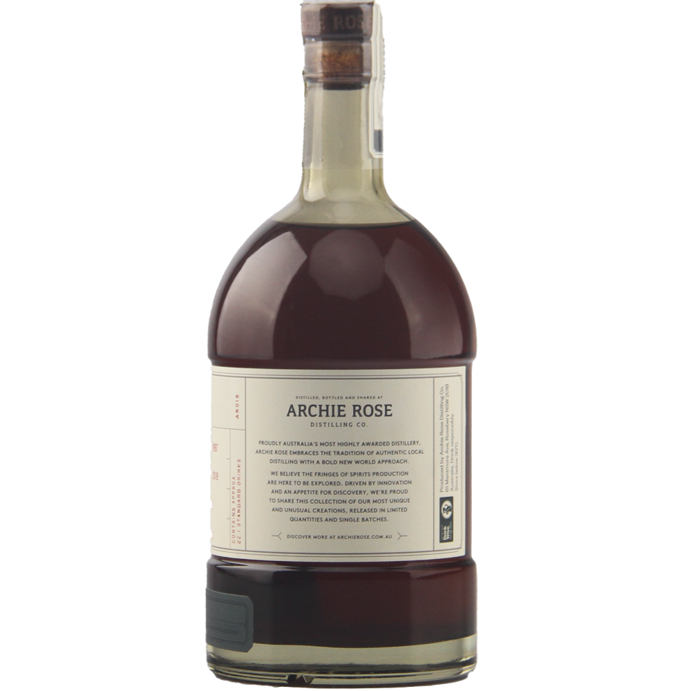 A 700ml glass bottle of Archie Rose Ironbark Smoked Rye Malt Whisky, featuring dark brown liquid, a cream label, and wax-sealed cap, is displayed against a white background—this limited-edition release stands out.