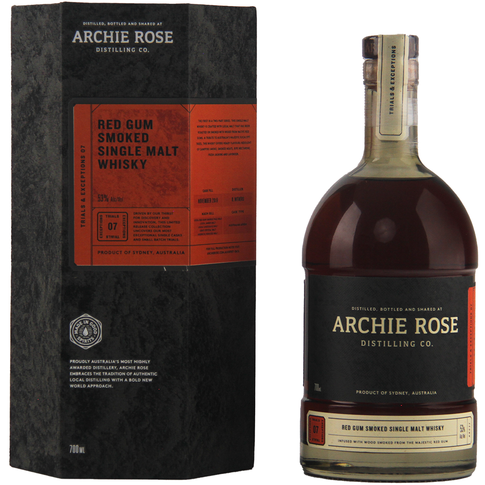A bottle of Archie Rose Red Gum Smoked 700ml whisky stands by its black and red box. Both feature gold, red, and white text emphasizing its Australian native smoked malts, highlighting the whisky’s name and local origin.
