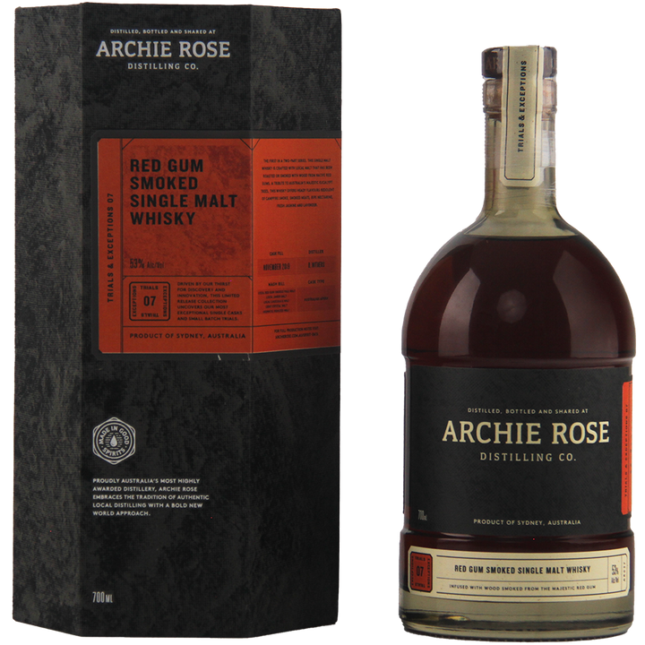 A bottle of Archie Rose Red Gum Smoked 700ml whisky stands by its black and red box. Both feature gold, red, and white text emphasizing its Australian native smoked malts, highlighting the whisky’s name and local origin.
