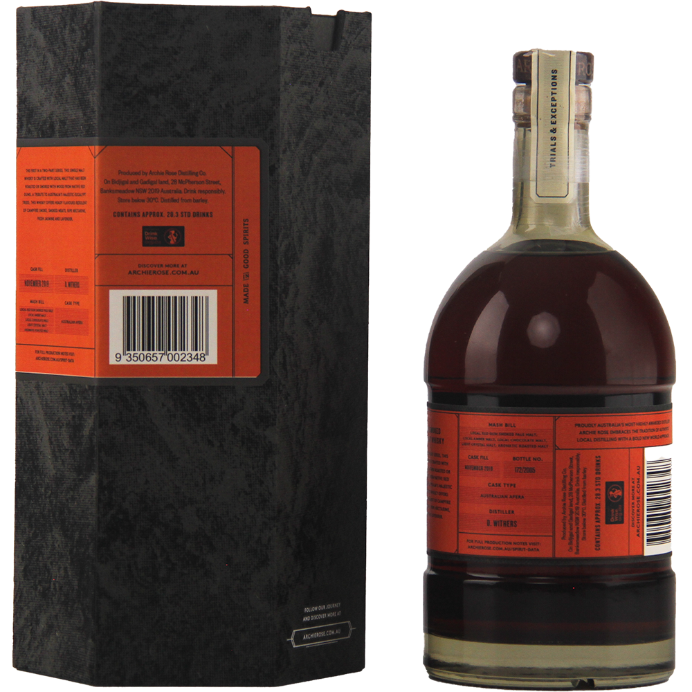A dark glass bottle of Archie Rose Red Gum Smoked 700ml with a wide base and short neck stands beside its black textured box, both featuring orange labels that highlight the Australian native smoked malts and a visible barcode on the box.
