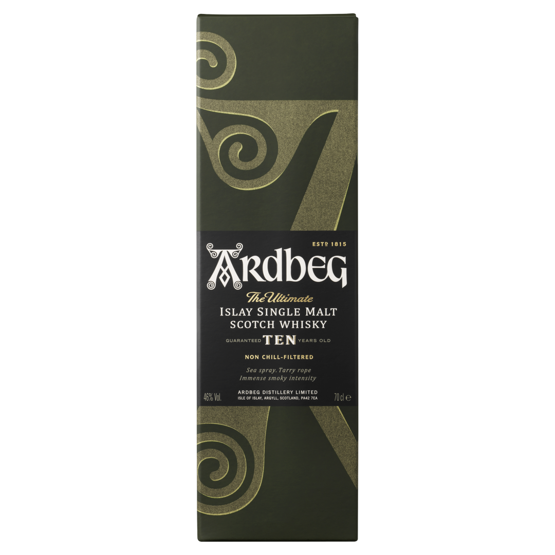 A green and gold box of Ardbeg 10 Year Old Single Malt Scotch Whisky with bold decorative swirls, the brand name in large white letters, and details noting it is non chill-filtered and aged 10 years.