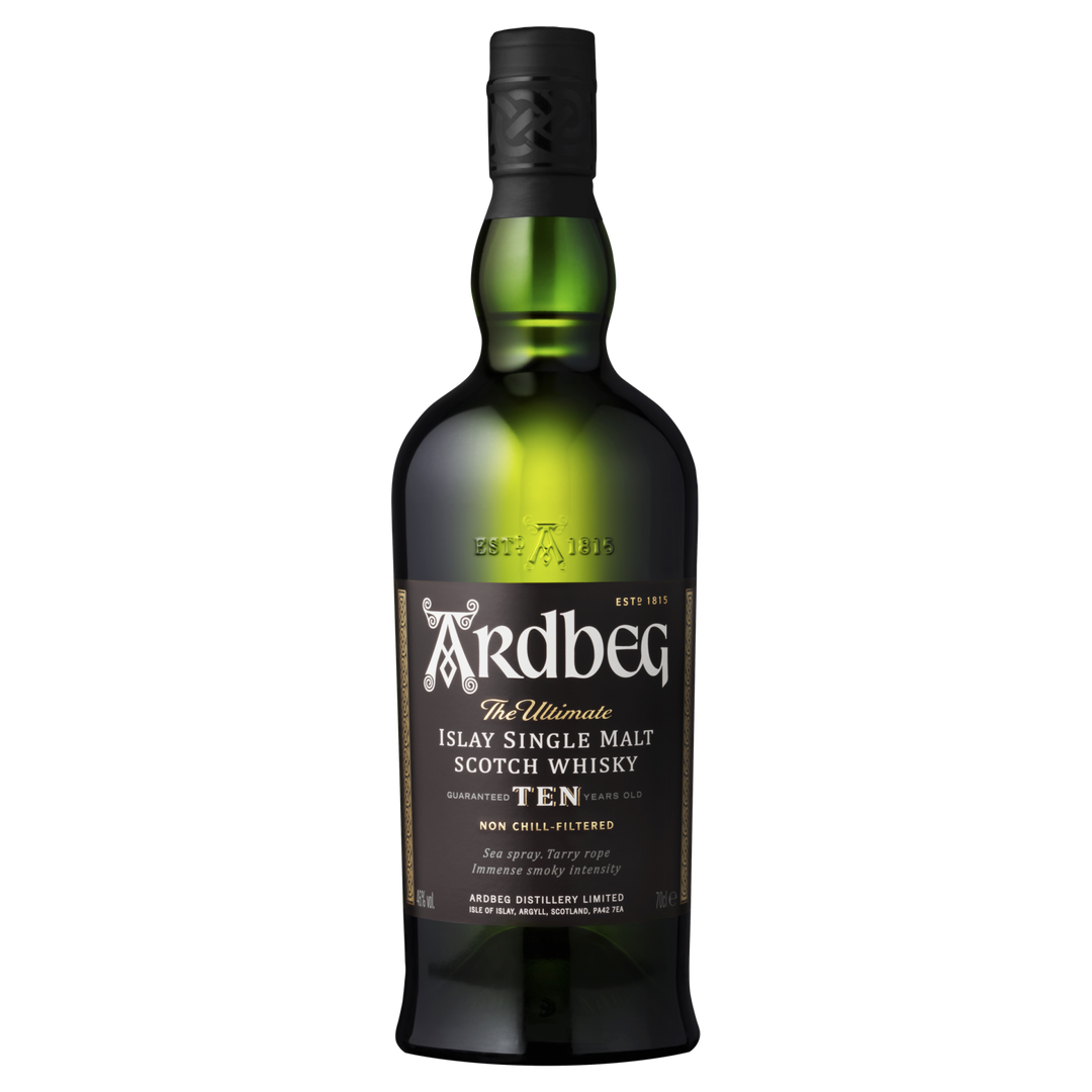 A dark green bottle of Ardbeg 10 Year Old Single Malt Scotch Whisky, featuring a black cap and a black label with gold and white text.