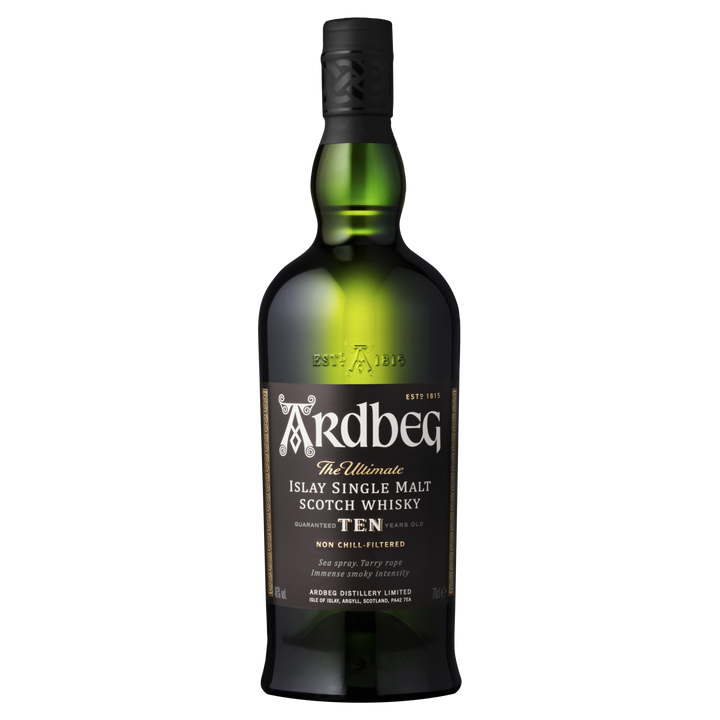 A dark green bottle of Ardbeg 10 Year Old Single Malt Scotch Whisky, featuring a black cap and a black label with gold and white text.