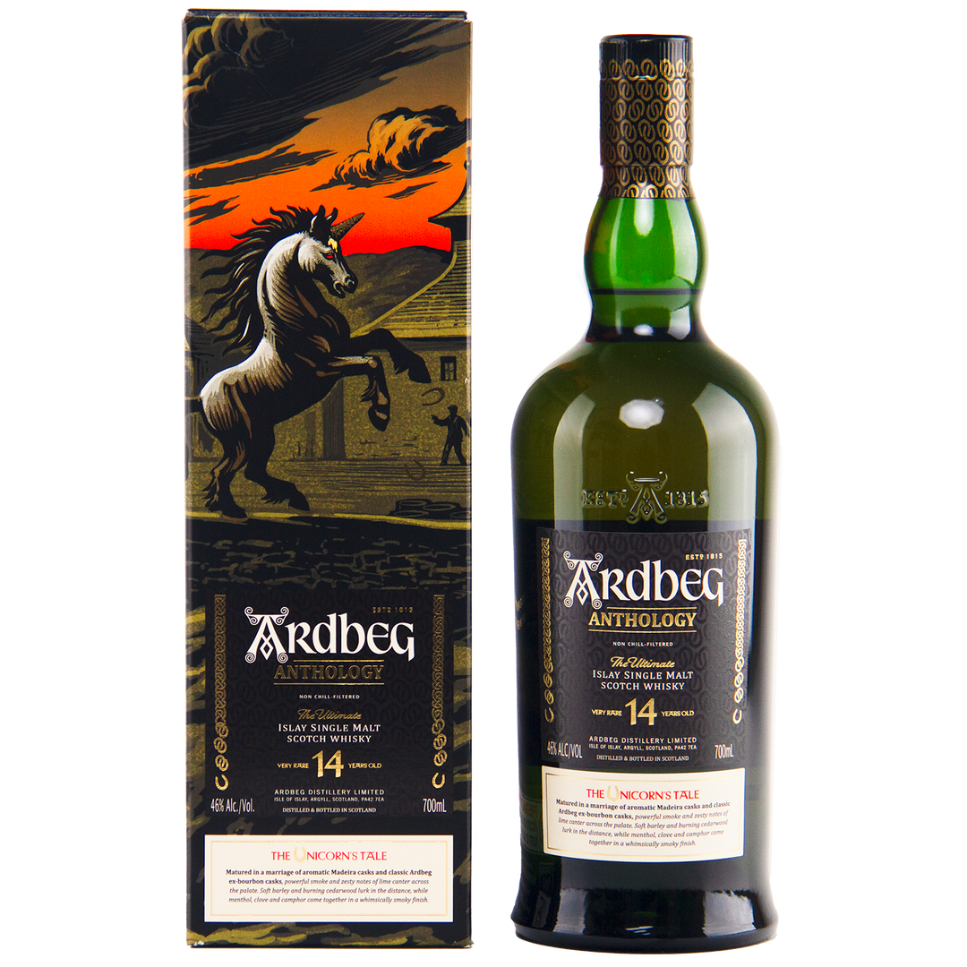 A bottle of Ardbeg 14 Year Old Anthology The Unicorn’s Tale Single Malt Scotch Whisky stands beside its box, which displays a rearing unicorn against a fiery sky.