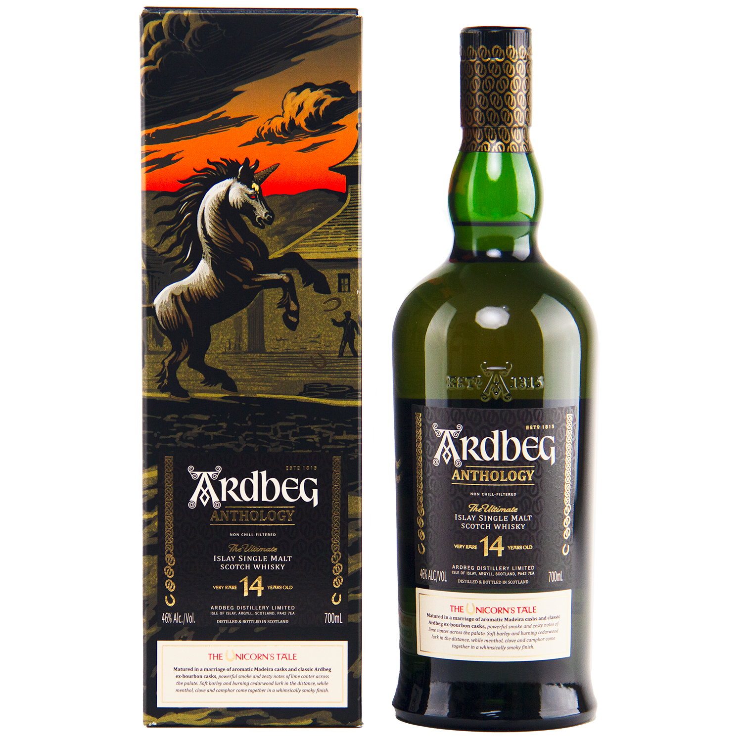 A bottle of Ardbeg 14 Year Old Anthology The Unicorn’s Tale Single Malt Scotch Whisky stands beside its box, which displays a rearing unicorn against a fiery sky.