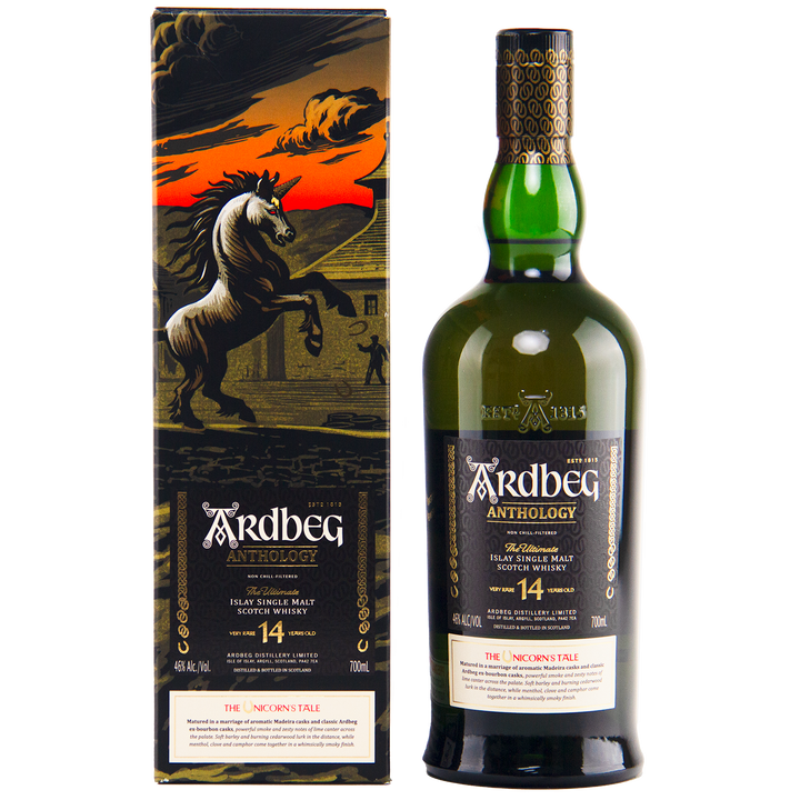 A bottle of Ardbeg 14 Year Old Anthology The Unicorn’s Tale Single Malt Scotch Whisky stands beside its box, which displays a rearing unicorn against a fiery sky.