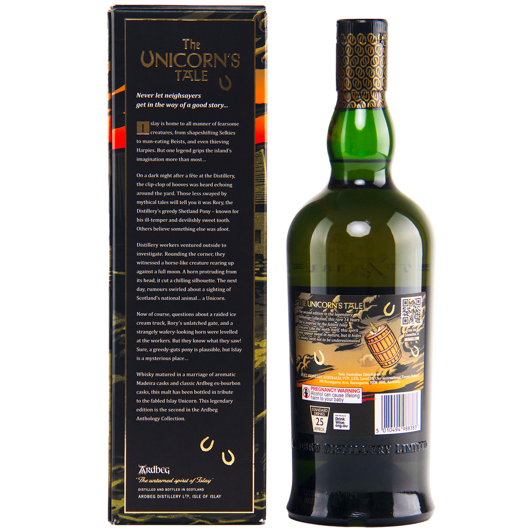 A green glass bottle of Ardbeg 14 Year Old Anthology The Unicorn’s Tale Single Malt Scotch Whisky stands next to its ornate box with gold lettering, heritage story, decorative elements, and a visible QR code.