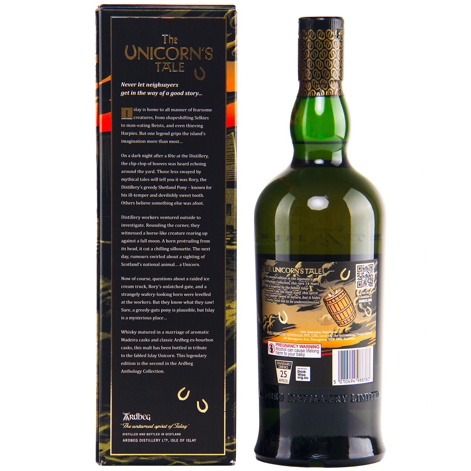 A green glass bottle of Ardbeg 14 Year Old Anthology The Unicorn’s Tale Single Malt Scotch Whisky stands next to its ornate box with gold lettering, heritage story, decorative elements, and a visible QR code.