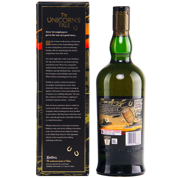 A green glass bottle of Ardbeg 14 Year Old Anthology The Unicorn’s Tale Single Malt Scotch Whisky stands next to its ornate box with gold lettering, heritage story, decorative elements, and a visible QR code.