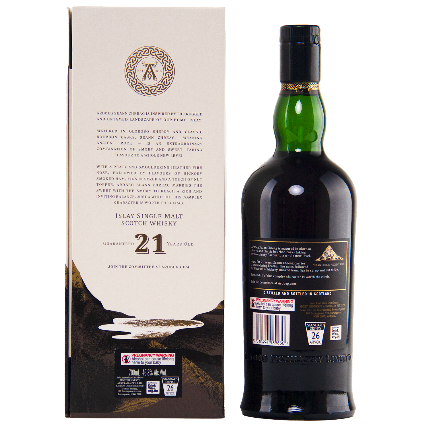 A dark green bottle of Ardbeg 21 Year Old Seann Chreag Single Malt Scotch Whisky stands beside its cream-colored box, with black and gold accents and detailed product information in black text.