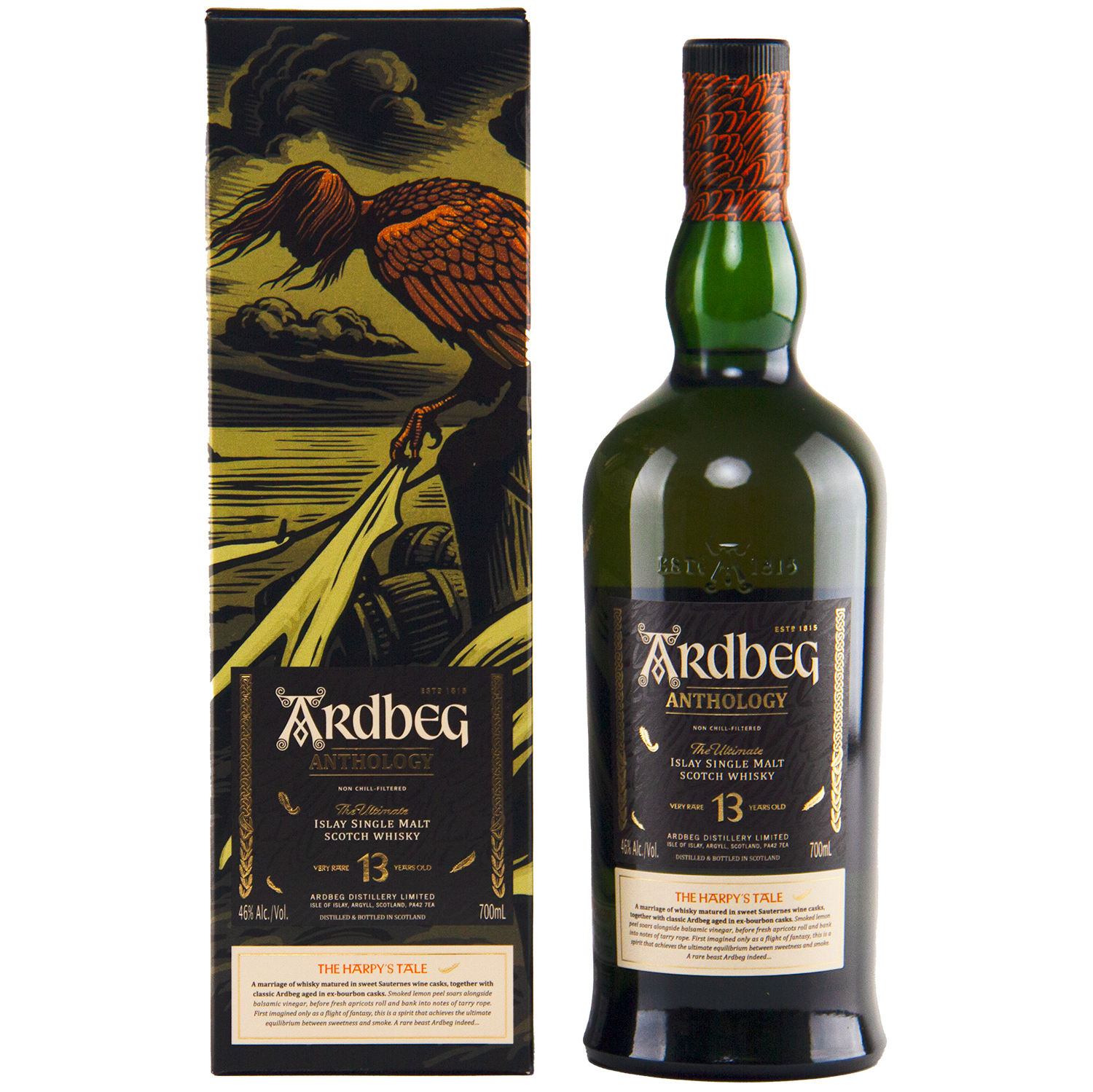 A bottle of Ardbeg Anthology The Harpy’s Tale Very Rare 13 Year 700ml stands next to its decorative box, which features an illustrated bird perched on a branch against a dramatic landscape backdrop.