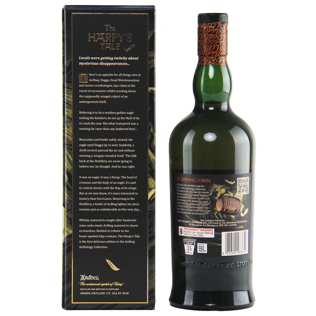 A green bottle of Ardbeg Anthology The Harpy’s Tale Very Rare 13 Year 700ml stands beside its box, adorned with gold and white text on a black background and decorative illustrations. The label notes its Sauternes cask finish.