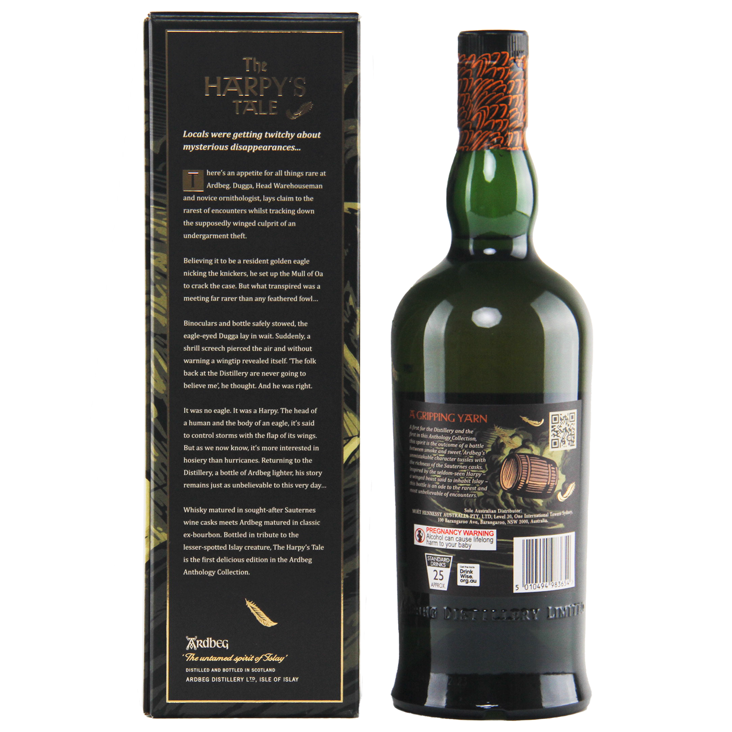 A green bottle of Ardbeg Anthology The Harpy’s Tale Very Rare 13 Year 700ml stands beside its box, adorned with gold and white text on a black background and decorative illustrations. The label notes its Sauternes cask finish.