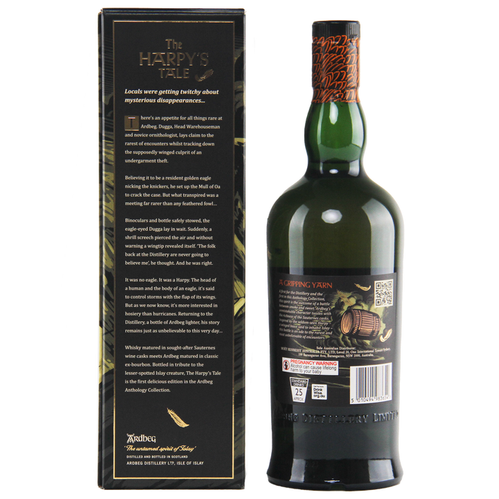 A green bottle of Ardbeg Anthology The Harpy’s Tale Very Rare 13 Year 700ml stands beside its box, adorned with gold and white text on a black background and decorative illustrations. The label notes its Sauternes cask finish.