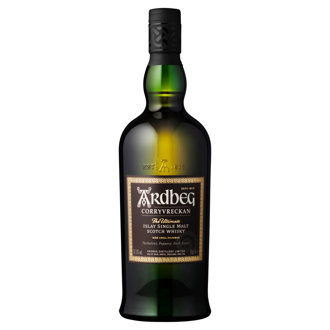 A bottle of Ardbeg Corryvreckan Single Malt Scotch Whisky, featuring a dark green body, black cap, and gold label, stands upright against a white background.