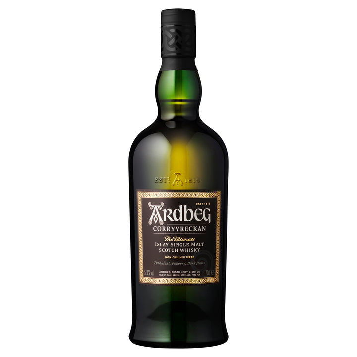 A bottle of Ardbeg Corryvreckan Single Malt Scotch Whisky, featuring a dark green body, black cap, and gold label, stands upright against a white background.