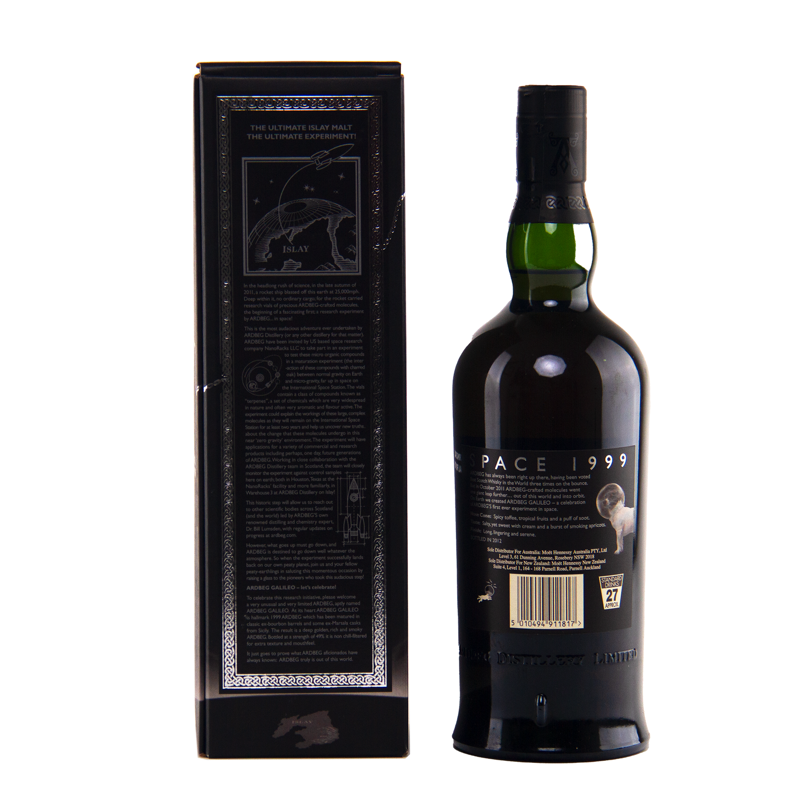 A dark glass bottle of Ardbeg Galileo Limited Edition Single Malt Scotch Whisky stands beside its matching box, both with detailed white text and illustrations on a black background, set against a plain white surface.