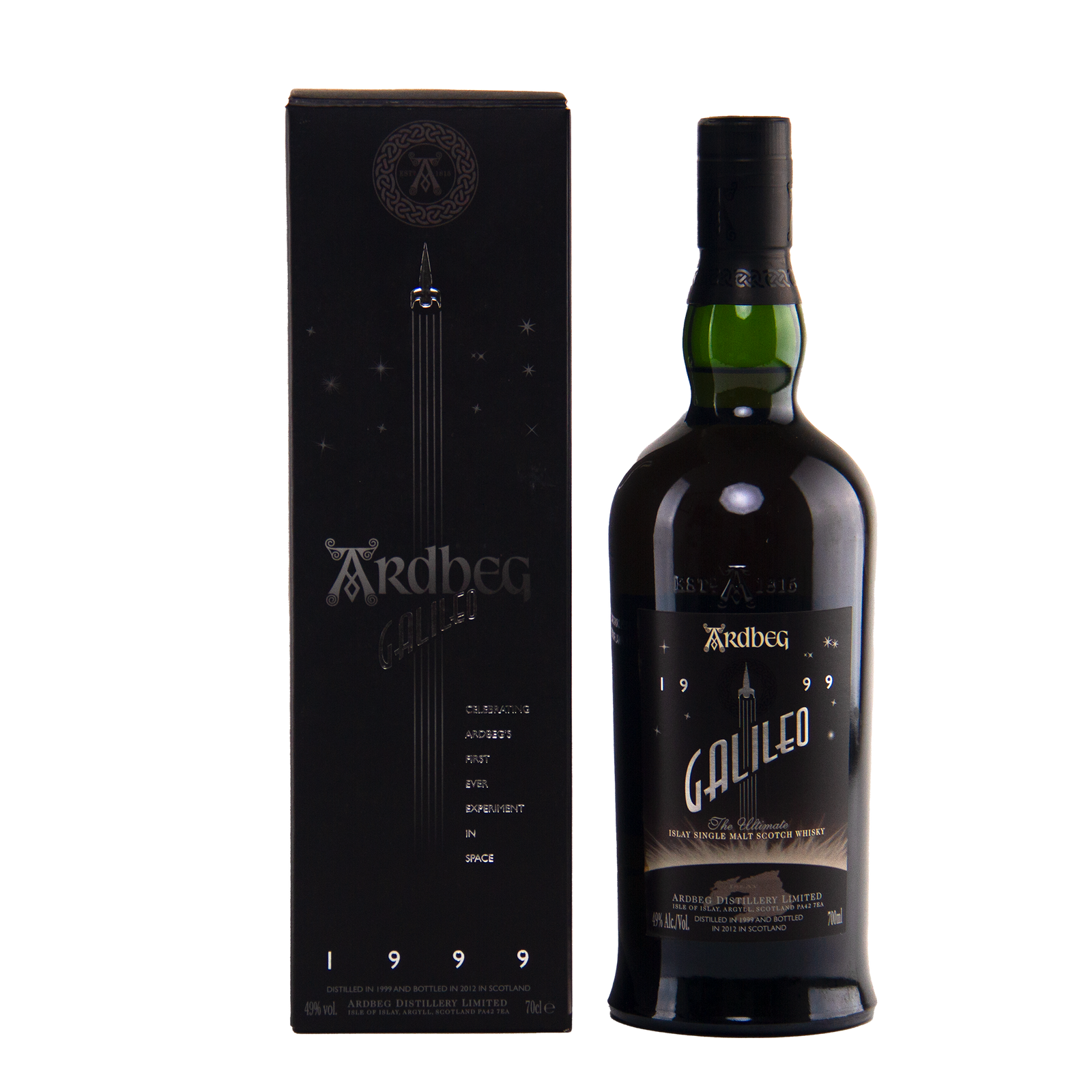A dark bottle of Ardbeg Galileo Limited Edition Single Malt Scotch Whisky stands beside its black and gold box, decorated with space-themed graphics and text including "1999" and "Distilled & bottled in Scotland.