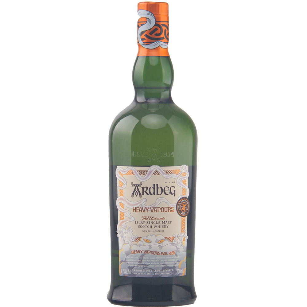 A green bottle of Ardbeg Heavy Vapours Committee Release Single Malt Scotch Whisky with a decorative label and orange-silver foil neck seal.