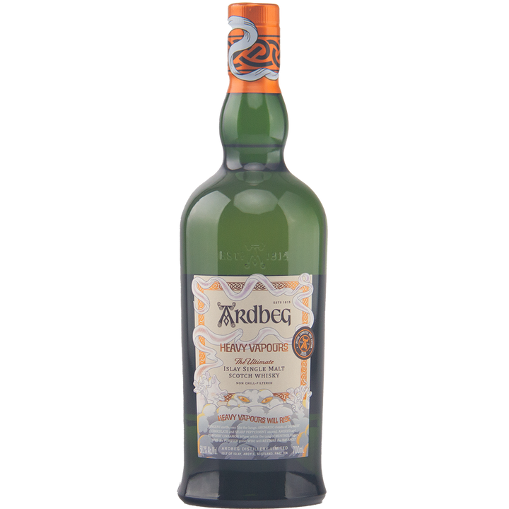 A green bottle of Ardbeg Heavy Vapours Committee Release Single Malt Scotch Whisky with a decorative label and orange-silver foil neck seal.