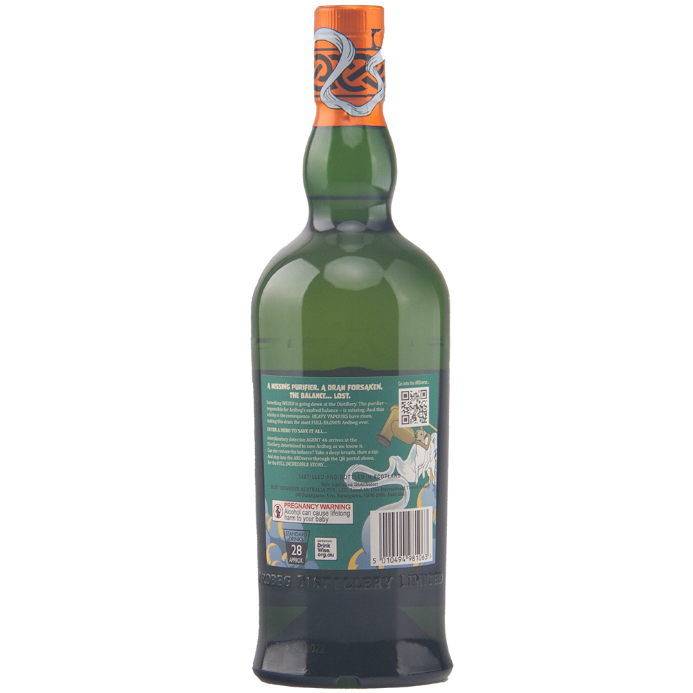 A green glass bottle of Ardbeg Heavy Vapours Committee Release is shown from the back. Its label features text, a QR code, a government warning, and an octopus with waves—this limited release single malt is topped with a colorful cap.