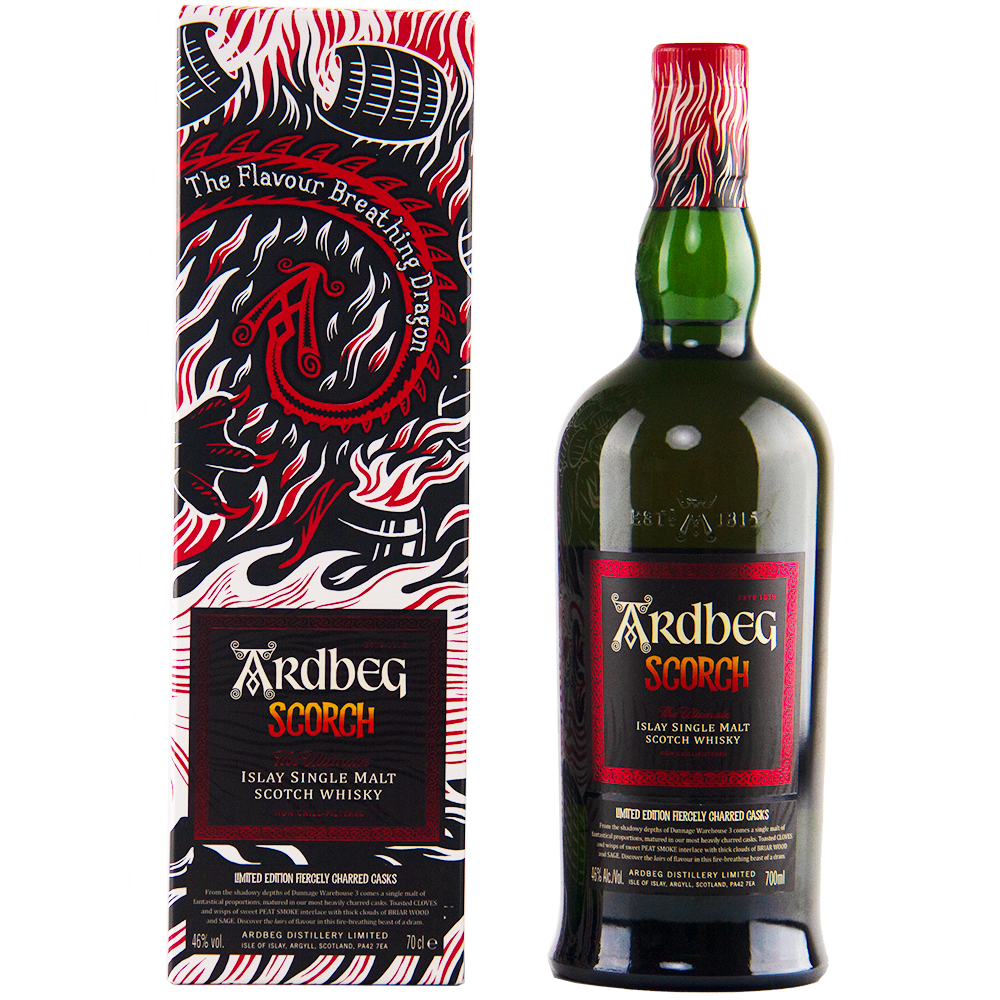 A bottle of Ardbeg Scorch Single Malt Scotch Whisky Ardbeg Day 2021 Limited Release stands beside its bold dragon-themed box with red, black, and white accents. This peaty limited edition is as striking as its fiery packaging.