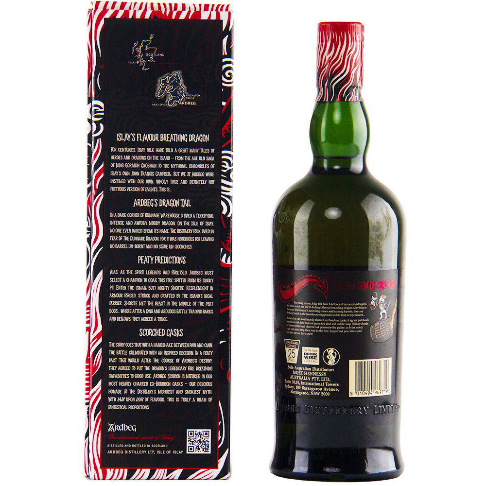 A bottle of Ardbeg Scorch Single Malt Scotch Whisky Ardbeg Day 2021 Limited Release, with a green neck and black label, stands by its box decorated with red, black, and white flames that highlight this peaty whisky’s bold character.