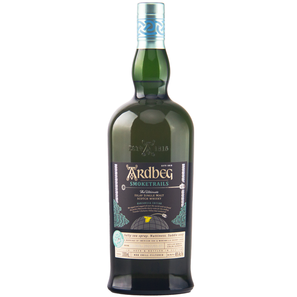 A dark green bottle of Ardbeg Smoketrails Manzanilla Edition 700ml, a travel retail exclusive Islay single malt Scotch whisky, features a nautical label with gold text on a white background—ideal for fans of smoky whisky.