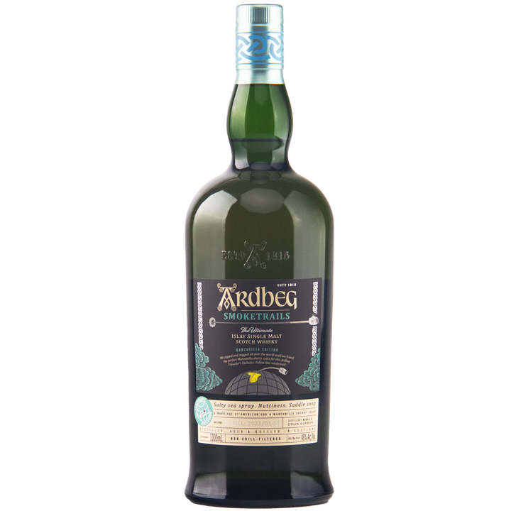 A dark green bottle of Ardbeg Smoketrails Manzanilla Edition 700ml, a travel retail exclusive Islay single malt Scotch whisky, features a nautical label with gold text on a white background—ideal for fans of smoky whisky.