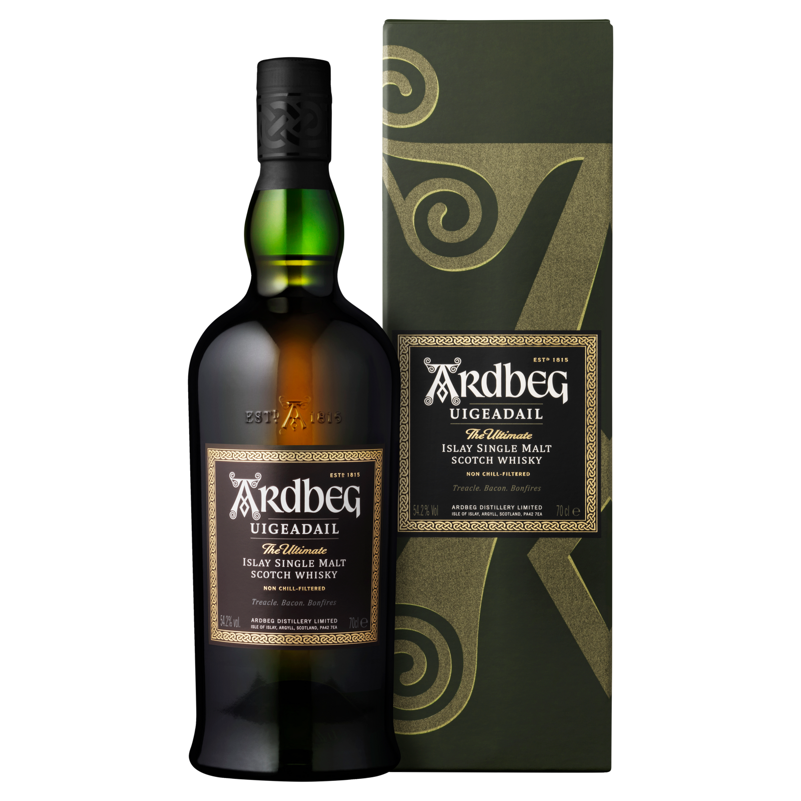 A bottle of Ardbeg Uigeadail Single Malt Scotch Whisky stands beside its matching box, both displaying the Ardbeg logo and label details. This celebrated peated whisky is pictured against a light background.