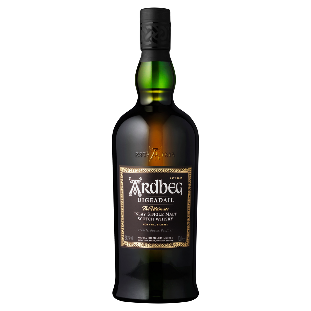 A dark green bottle of Ardbeg Uigeadail Single Malt Scotch Whisky with a black label and gold accents stands upright against a white background, known for its rich sherry cask maturation.