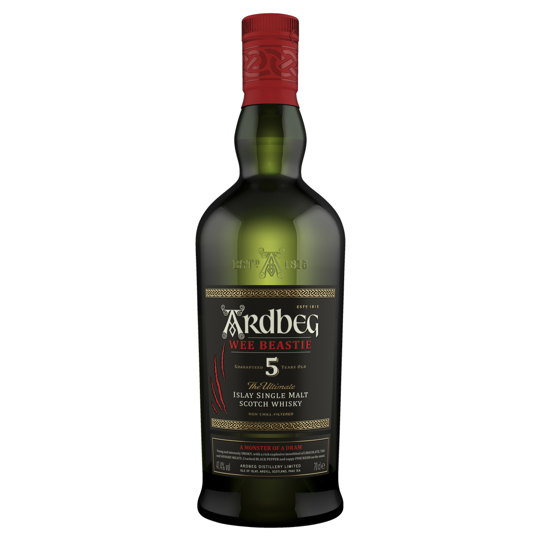 A dark green bottle of Ardbeg 5 Year Old Wee Beastie Single Malt Scotch Whisky, with a red cap and black label featuring gold and white text, known for its bold, peated character.