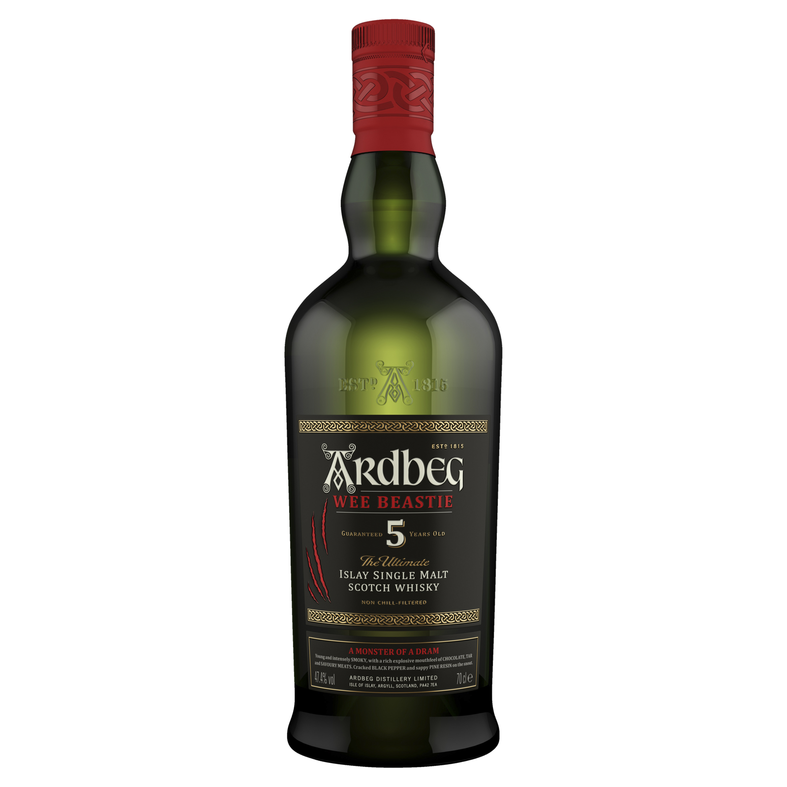 A dark green bottle of Ardbeg 5 Year Old Wee Beastie Single Malt Scotch Whisky, with a red cap and black label featuring gold and white text, known for its bold, peated character.