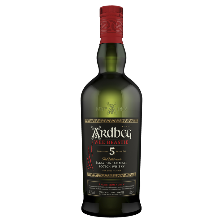 A dark green bottle of Ardbeg 5 Year Old Wee Beastie Single Malt Scotch Whisky, with a red cap and black label featuring gold and white text, known for its bold, peated character.