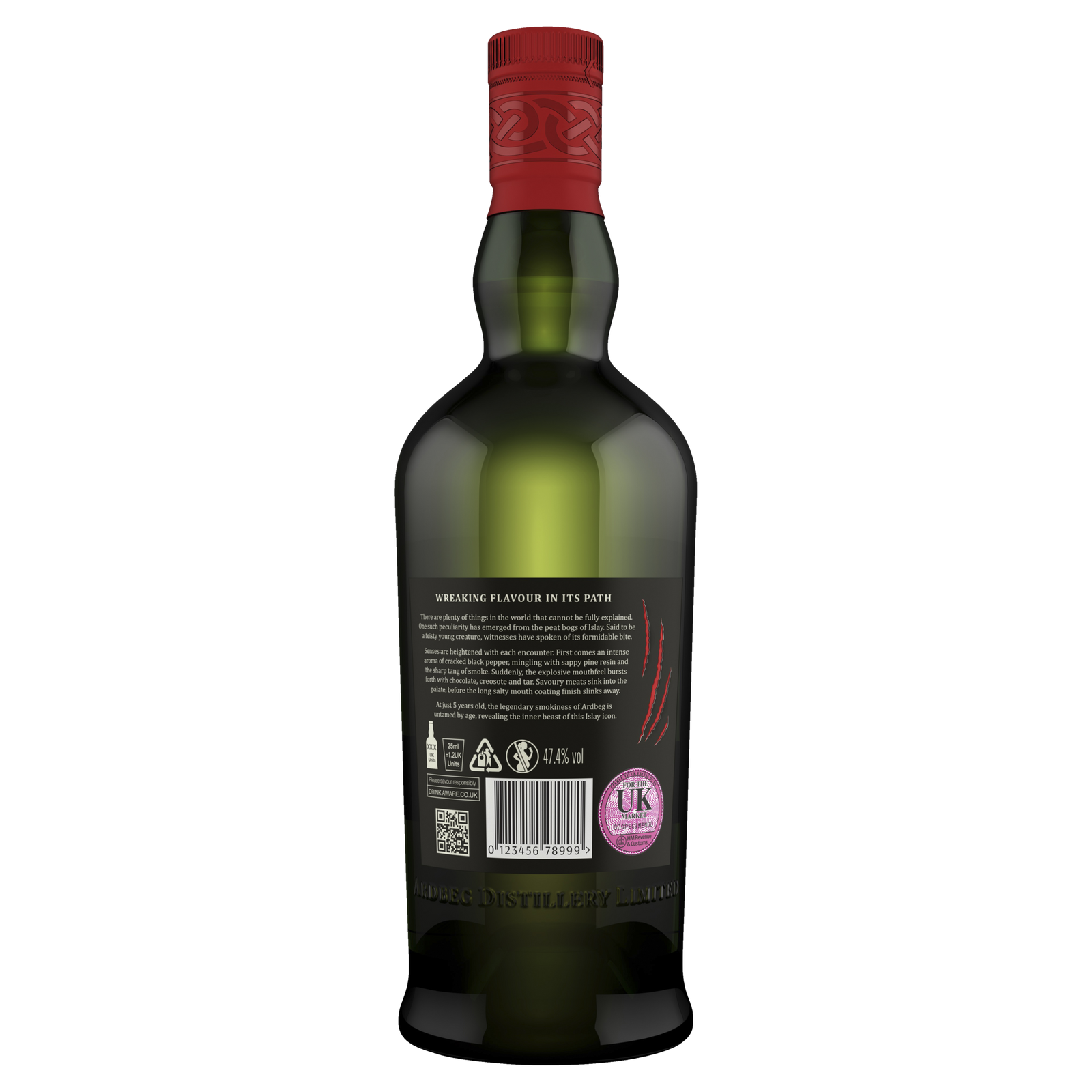 A green glass bottle of Ardbeg 5 Year Old Wee Beastie Single Malt Scotch Whisky with a red cap is shown from the back. The white-labeled bottle features various symbols, a barcode, a pink UK duty stamp, and sits against a light plain background.