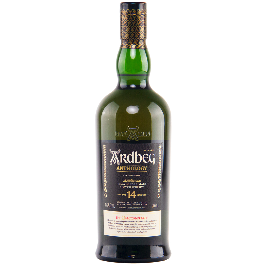 A dark green bottle of Ardbeg 14 Year Old Anthology The Unicorn’s Tale Single Malt Scotch Whisky, with a black and gold label featuring decorative accents and “Ardbeg Unicorn’s Tale” at the bottom.