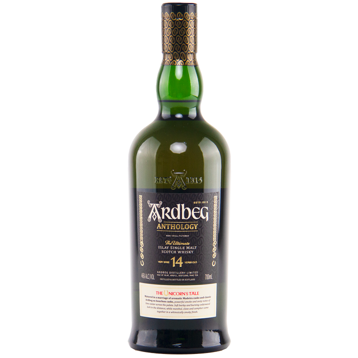 A dark green bottle of Ardbeg 14 Year Old Anthology The Unicorn’s Tale Single Malt Scotch Whisky, with a black and gold label featuring decorative accents and “Ardbeg Unicorn’s Tale” at the bottom.