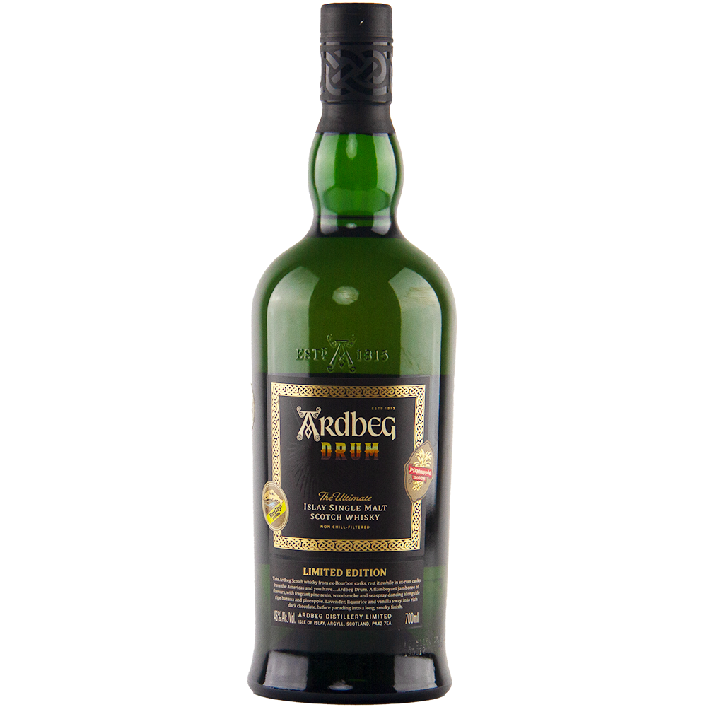 A green bottle of Ardbeg Drum Single Malt Scotch Whisky with a black and gold label is displayed against a plain white background.