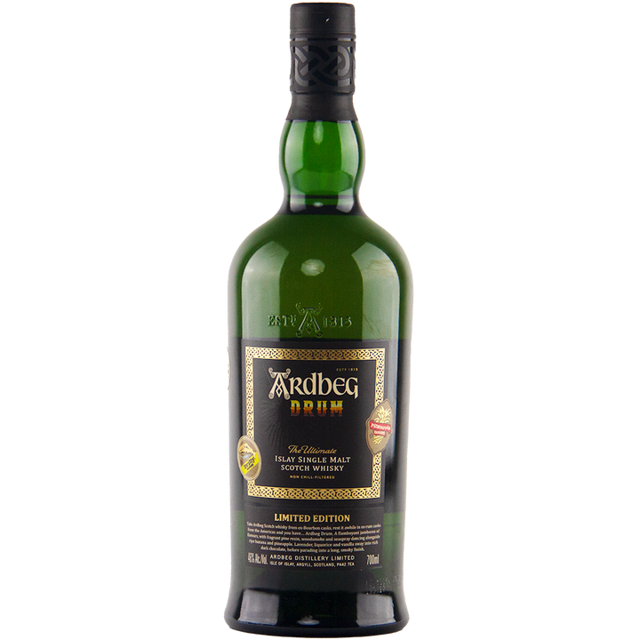 A green bottle of Ardbeg Drum Single Malt Scotch Whisky with a black and gold label is displayed against a plain white background.