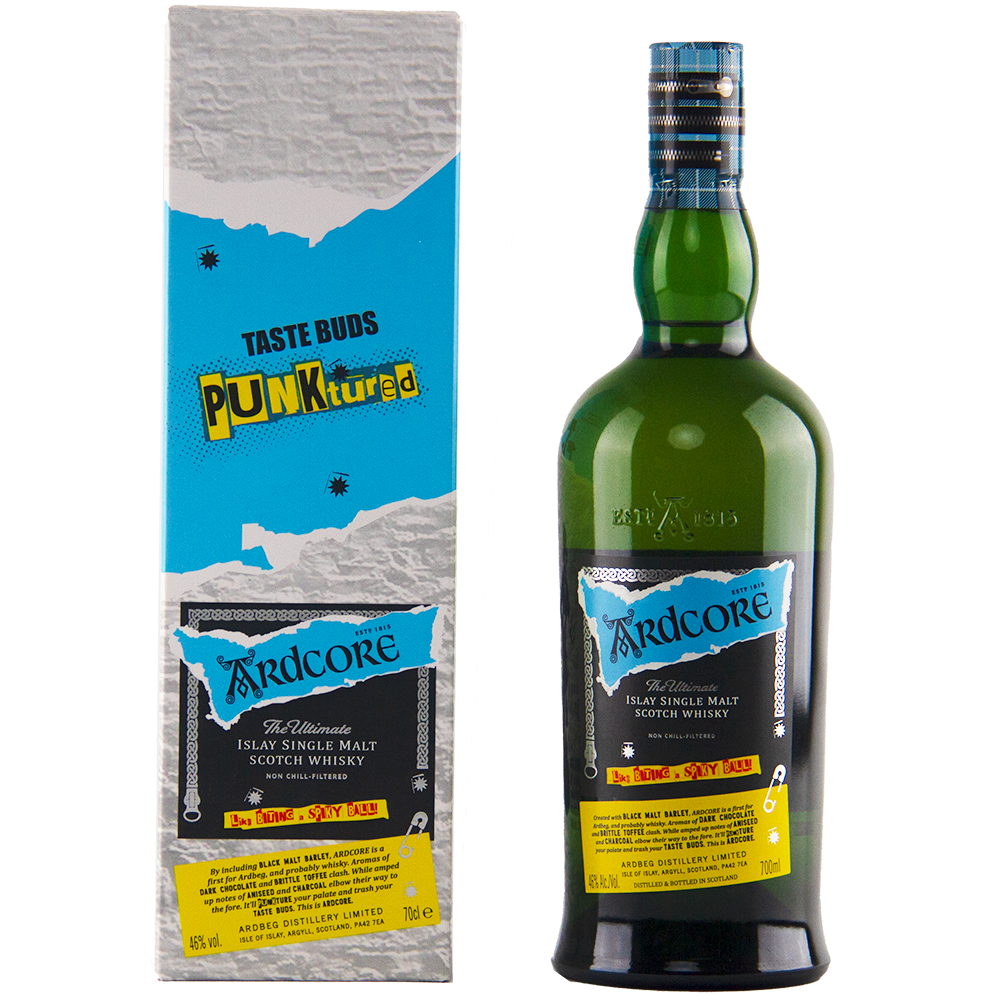 A bottle of Ardbeg Ardcore Single Malt Scotch Whisky Ardbeg Day 2022 Limited Release stands beside its matching box, both showcasing a punk-inspired design with blue, yellow, and black accents and the phrase "Taste Buds Punktured.