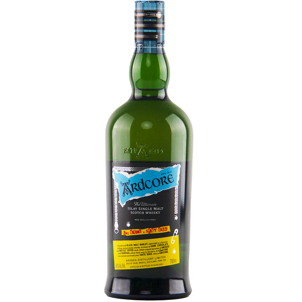 A green bottle of Ardbeg Ardcore Single Malt Scotch Whisky Ardbeg Day 2022 Limited Release, featuring a blue, black, and yellow label and a black cap with blue and silver stripes, stands upright on a plain white background.
