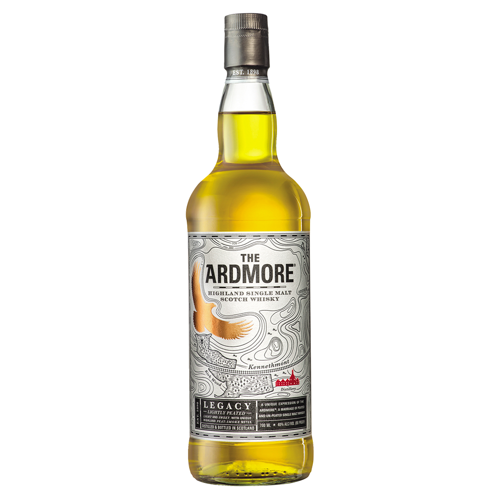 A bottle of Ardmore Legacy Single Malt Scotch Whisky, featuring a detailed silver label with a golden eagle illustration and black text on a white background.