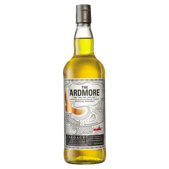 A bottle of Ardmore Legacy Single Malt Scotch Whisky, featuring a detailed silver label with a golden eagle illustration and black text on a white background.