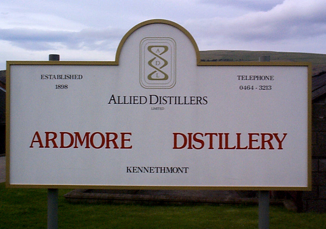 Sign for Allied Distillers Ardmore Distillery with contact information.