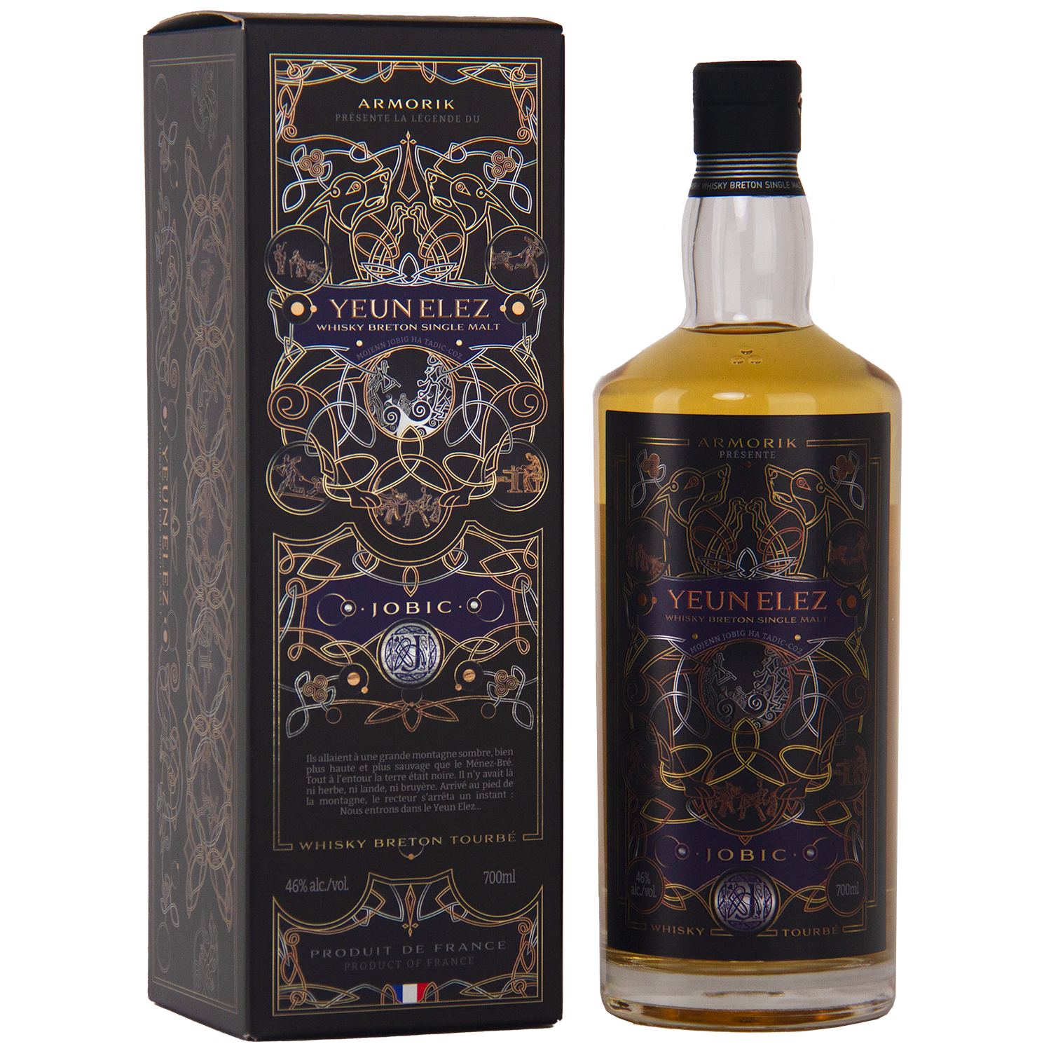 A bottle of Armorik Yeun Elez Jobic French Single Malt 700ml stands beside its matching box, both adorned with gold and purple Celtic designs and labeled as French single malt whisky.