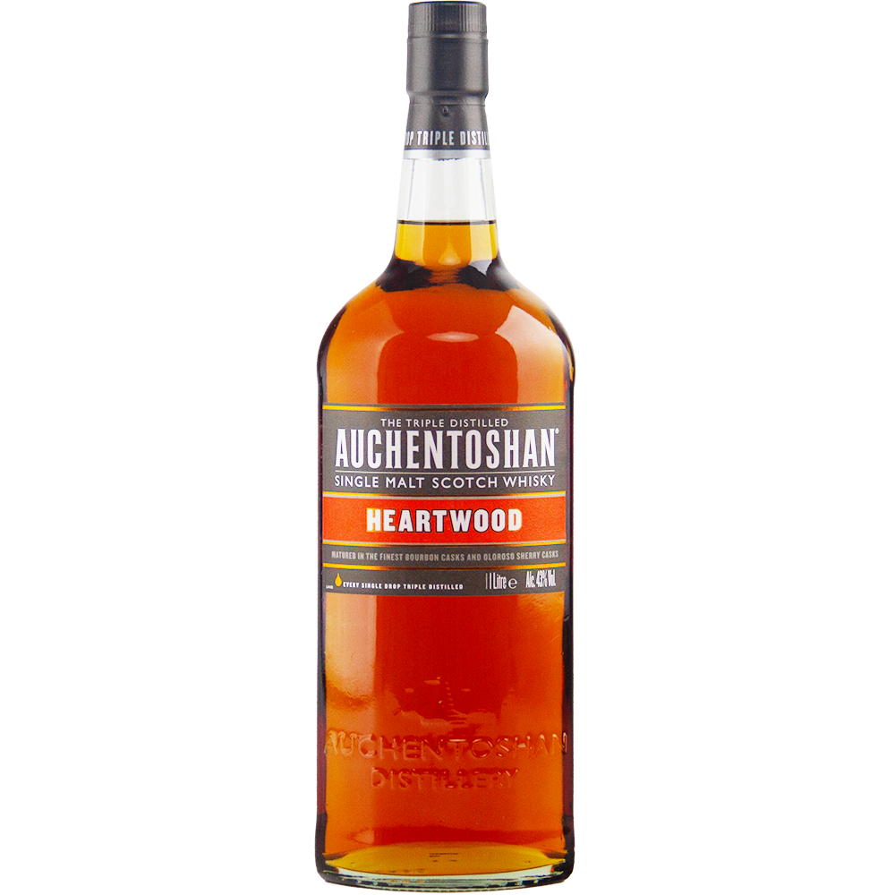 A 1L bottle of Auchentoshan Heartwood Single Malt Scotch Whisky, a travel retail exclusive at 43% ABV, featuring dark amber liquid and a black, white, and orange-accented label with a black cap.