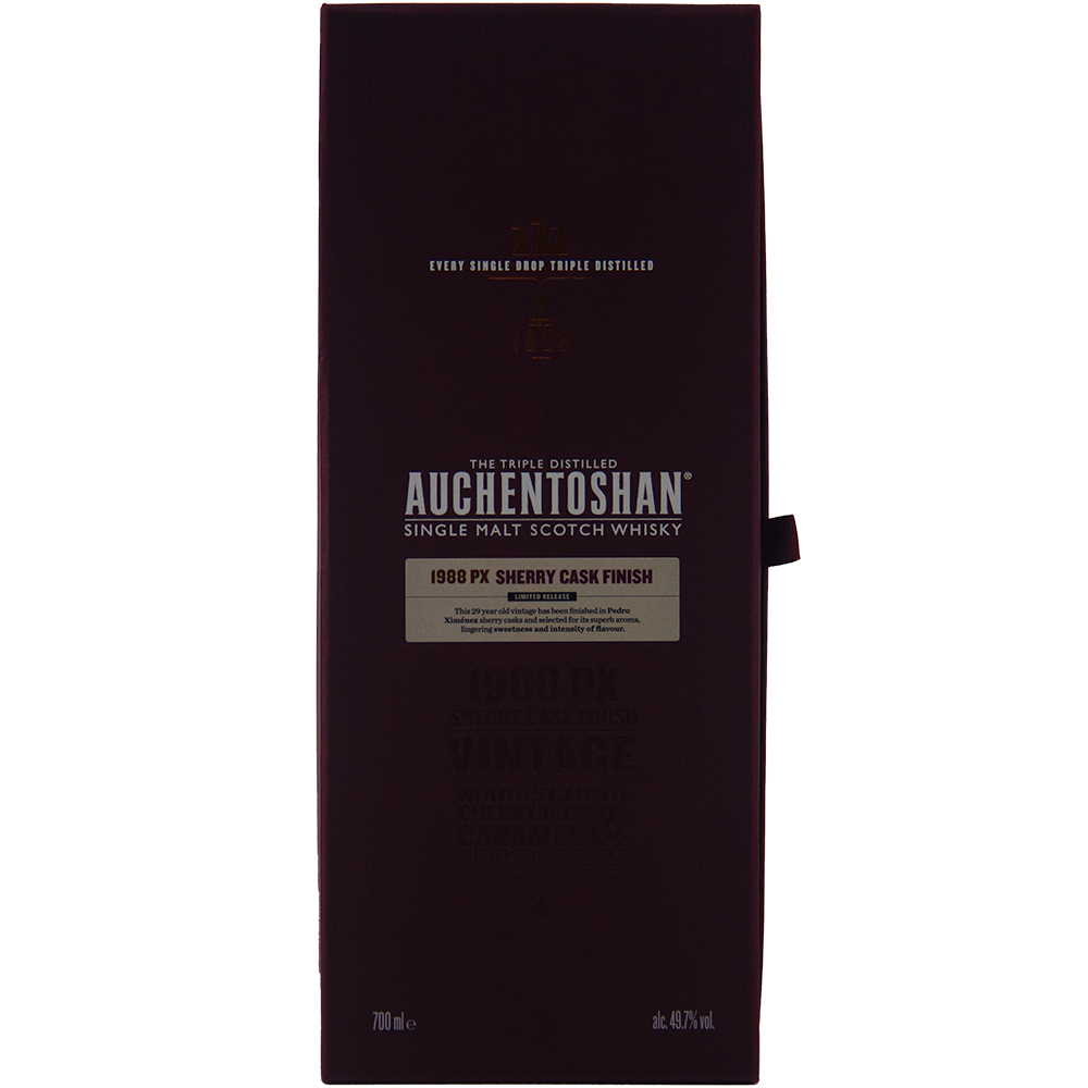 The Auchentoshan 1988 PX Sherry Cask Finish Single Malt Scotch Whisky comes in a dark rectangular box with gold and white text, highlighting triple distillation and PX sherry cask influence. 700 ml bottle, 48.7% ABV.