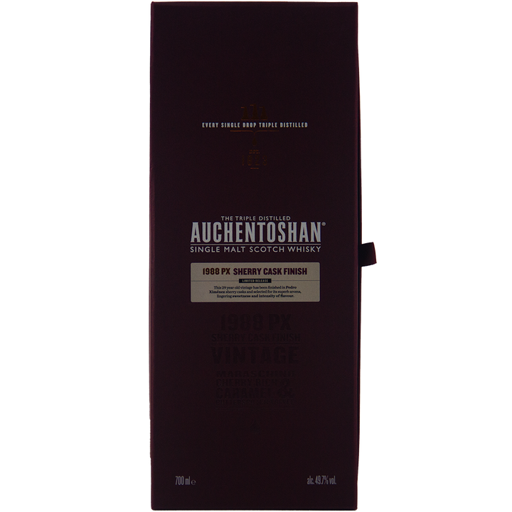 The Auchentoshan 1988 PX Sherry Cask Finish Single Malt Scotch Whisky comes in a dark rectangular box with gold and white text, highlighting triple distillation and PX sherry cask influence. 700 ml bottle, 48.7% ABV.