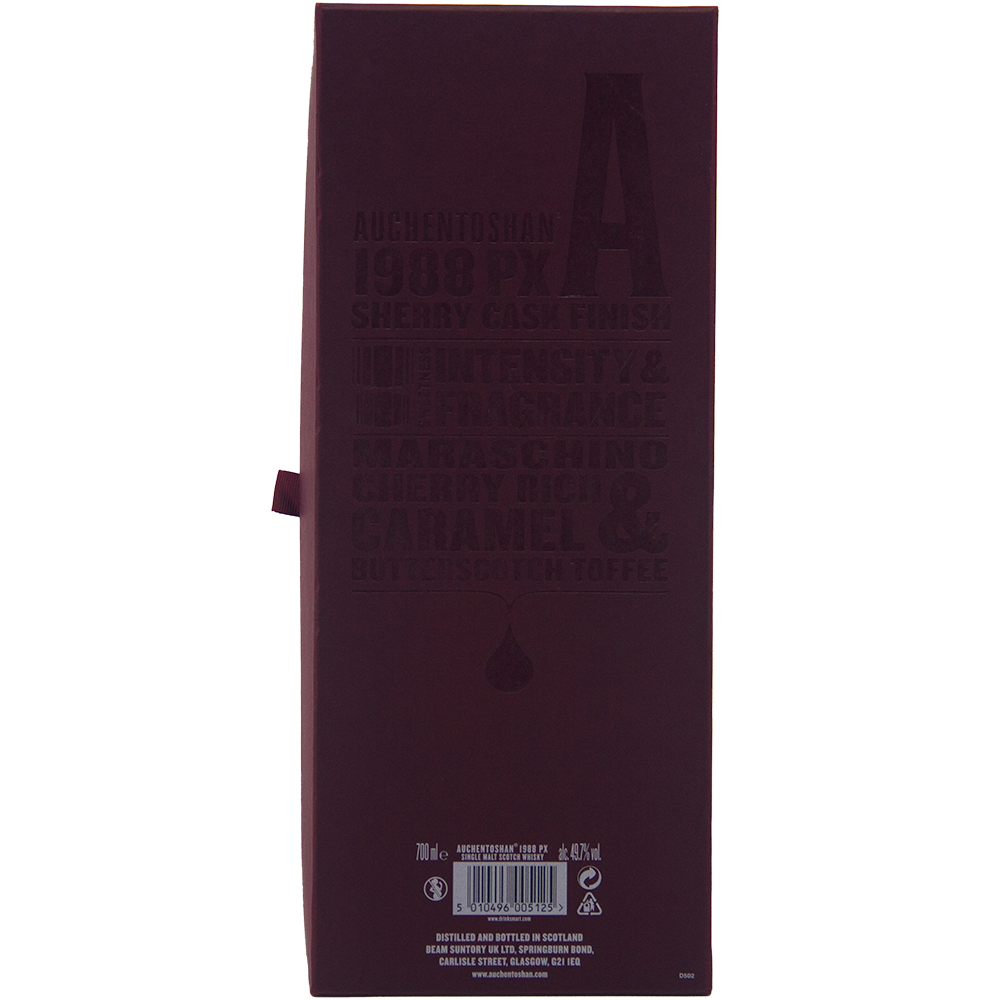 A dark maroon box with subtle text showcases Auchentoshan 1988 PX Sherry Cask Finish Single Malt Scotch Whisky, triple distilled and finished in Pedro Ximénez sherry casks, offering maraschino cherry, caramel, and toffee notes.